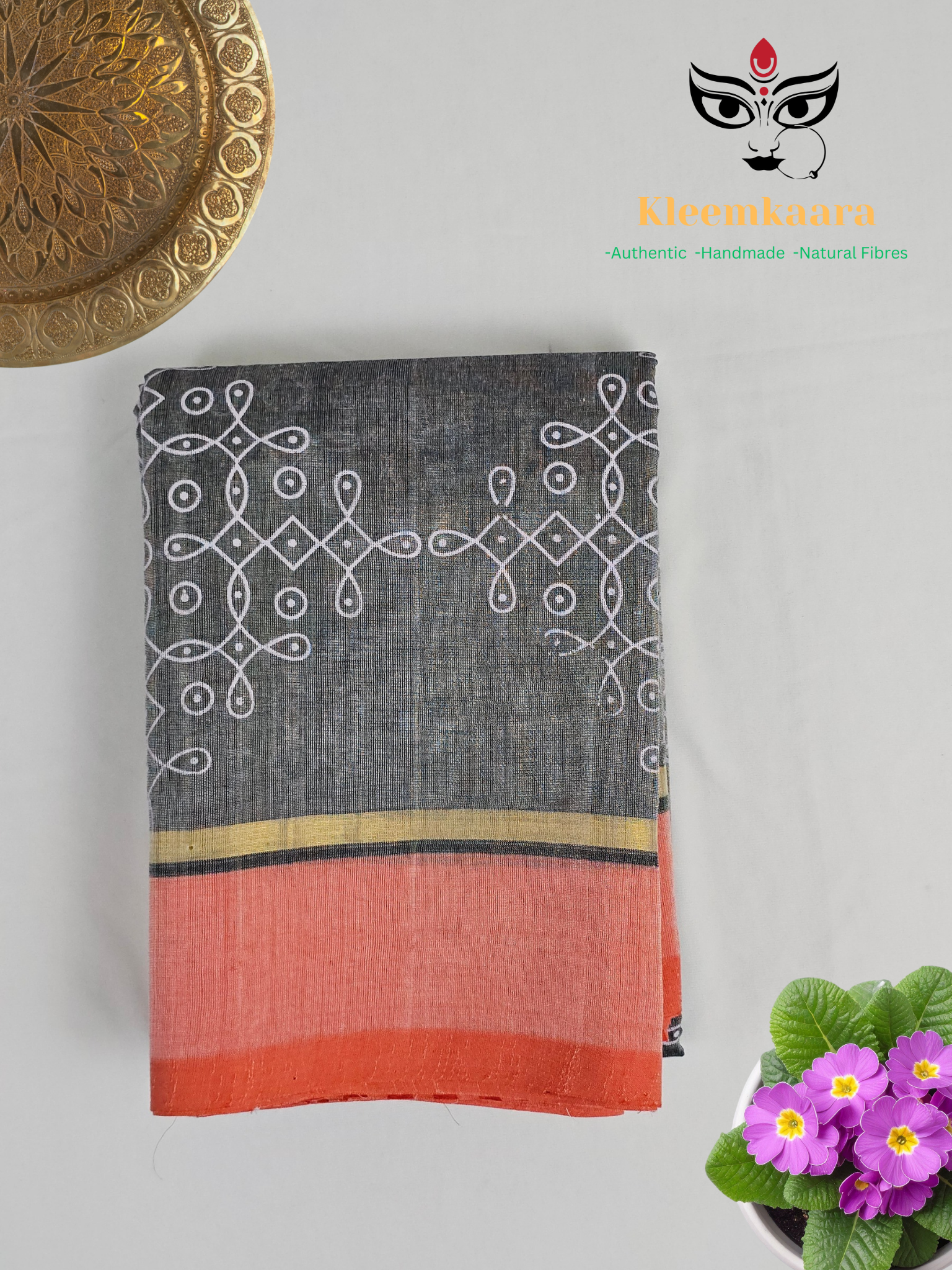 Swapnika – Grey and Orange Handloom Bamboo Cotton Saree with Kolam Print