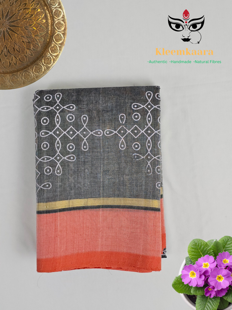 Swapnika – Grey and Orange Handloom Bamboo Cotton Saree with Kolam Print