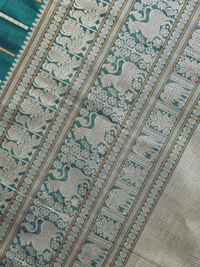 Green H Stripes Handloom Kanchi Cotton Saree with Rettai Pet Border