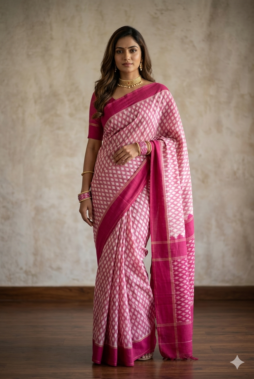 Woman wearing Pink and White Handloom Pochampally Ikkat Mercerized Cotton Saree