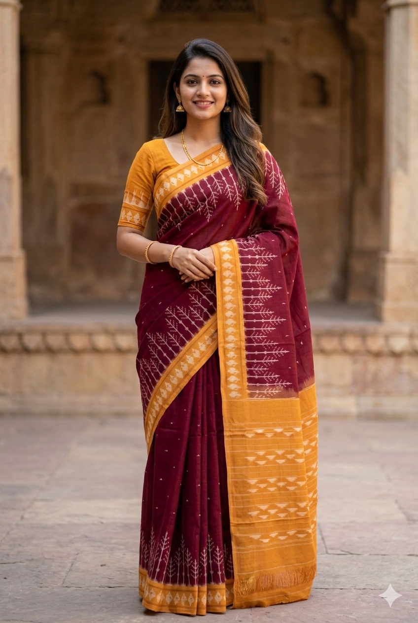 Woman wearing Maroon Handloom Pochampally Ikkat Mercerized Cotton Saree