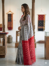 Grey and White Handloom Pochampally Ikkat Mercerized Cotton Saree