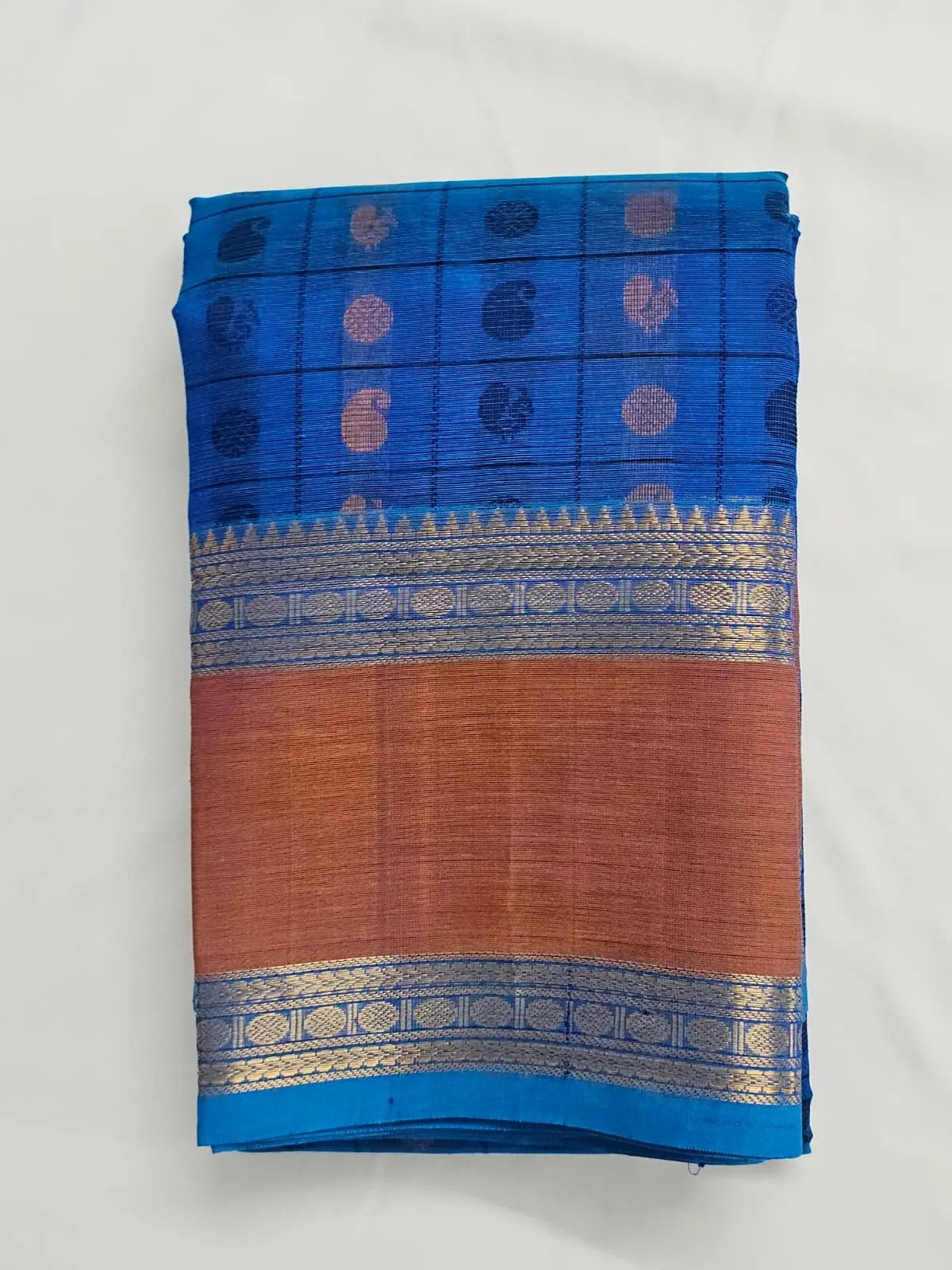 Royal Blue Handloom Aayiram Butta Kanchi Silk Cotton Saree – Thousand Butta Peacock & Mango Motif Saree with Zari Rettaipet Border - Kleemkaara