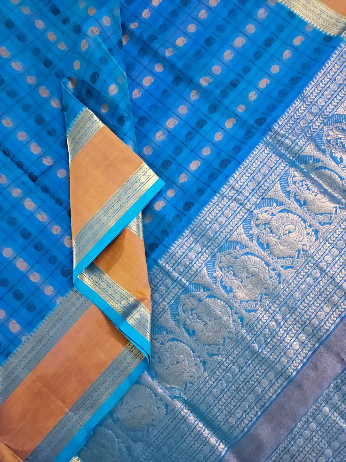 Royal Blue Handloom Aayiram Butta Kanchi Silk Cotton Saree – Thousand Butta Peacock & Mango Motif Saree with Zari Rettaipet Border - Kleemkaara