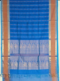 Royal Blue Handloom Aayiram Butta Kanchi Silk Cotton Saree – Thousand Butta Peacock & Mango Motif Saree with Zari Rettaipet Border - Kleemkaara