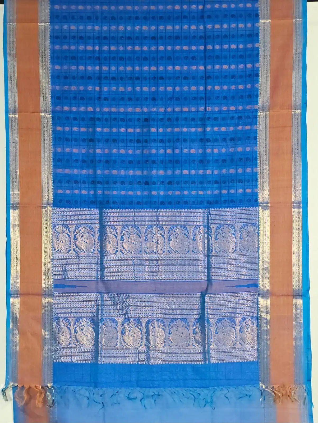 Royal Blue Handloom Aayiram Butta Kanchi Silk Cotton Saree – Thousand Butta Peacock & Mango Motif Saree with Zari Rettaipet Border - Kleemkaara