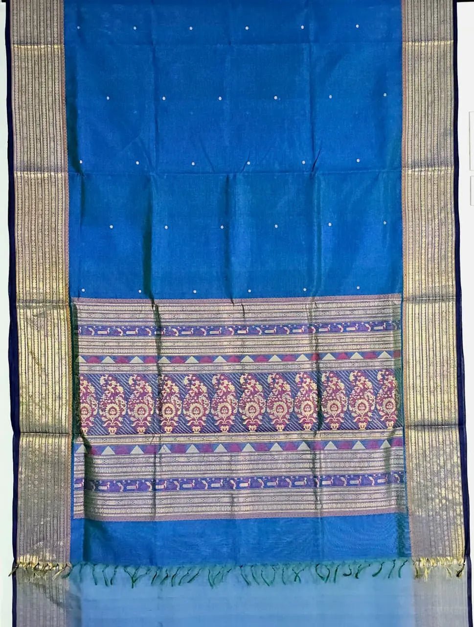 Royal Blue Handloom Kanchi Silk Cotton Saree with Bomkai Pallu – Pure Handwoven Zari Temple Border Saree (Copy) - Kleemkaara