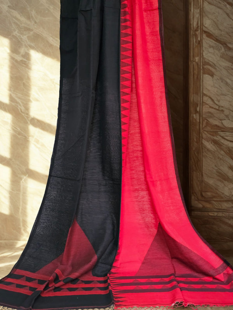 Rudrapriya – Black and Red Handloom Khadi Cotton Saree - Kleemkaara