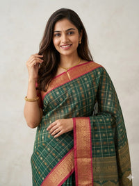 Sahasrika – Green Aayiram Butta Pure Handloom Kanchi Cotton Saree with Pink Zari Border - Kleemkaara