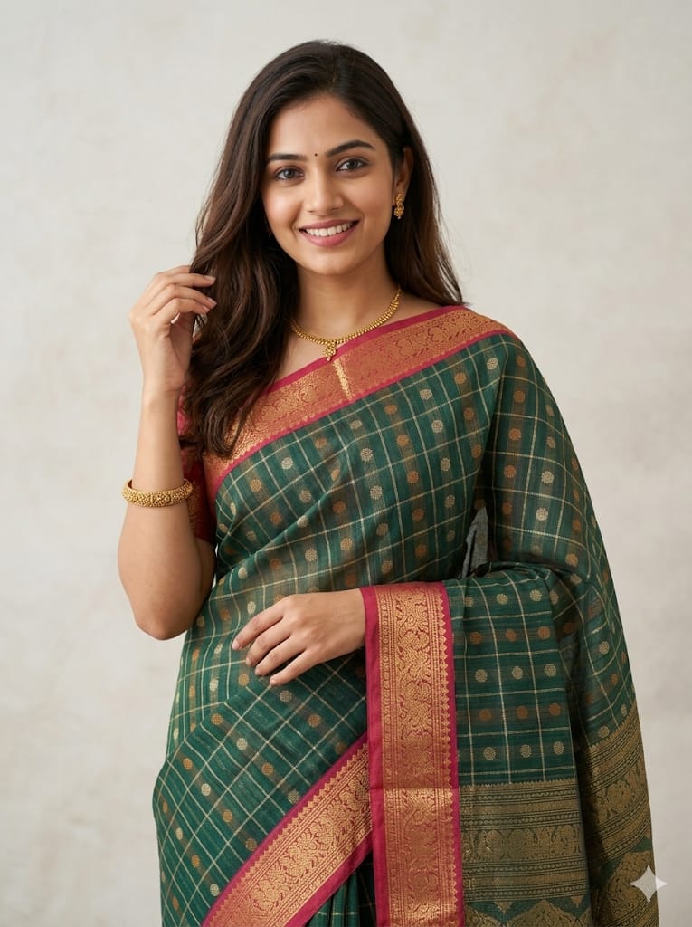Sahasrika – Green Aayiram Butta Pure Handloom Kanchi Cotton Saree with Pink Zari Border - Kleemkaara