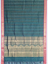 Sahasrika – Green Aayiram Butta Pure Handloom Kanchi Cotton Saree with Pink Zari Border - Kleemkaara