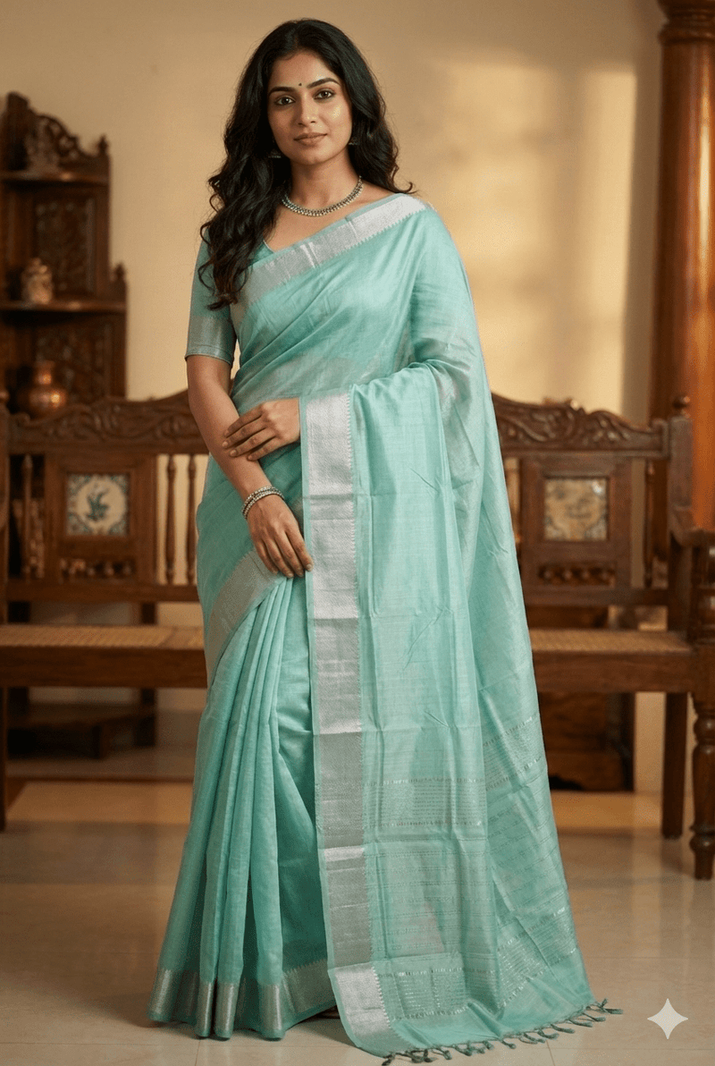 Saumika – Sea Green Handloom Mangalagiri Silk Cotton Saree - Kleemkaara