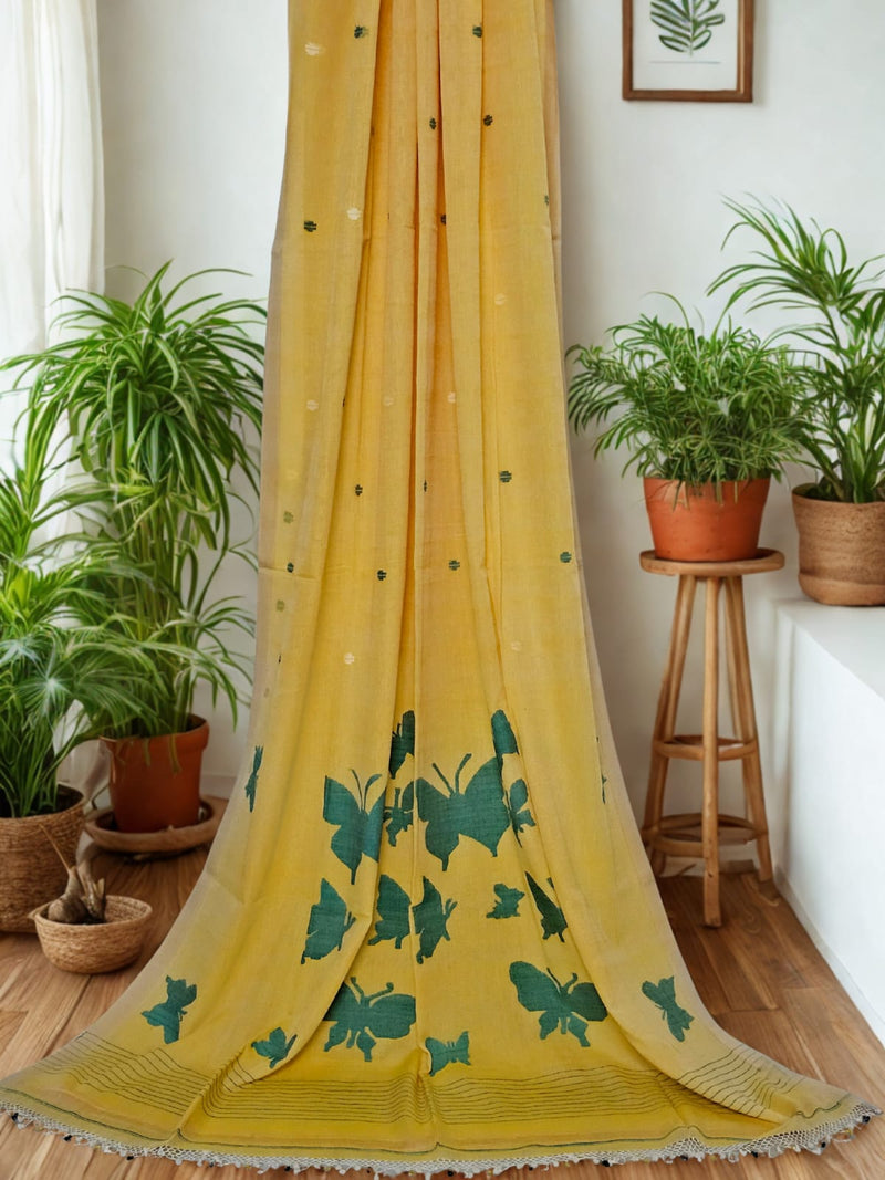 Saurabhi – Yellow Jamdani Handloom Bengal Cotton Saree with Butterfly Motifs - Kleemkaara
