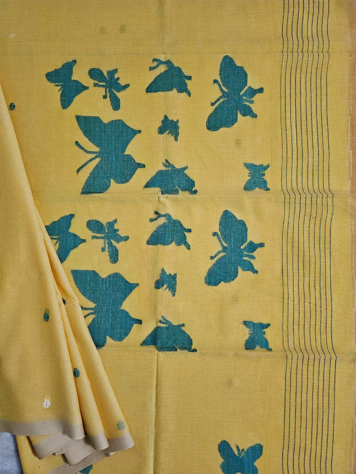 Saurabhi – Yellow Jamdani Handloom Bengal Cotton Saree with Butterfly Motifs - Kleemkaara