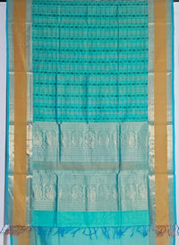 Sea Green Handloom Aayiram Butta Kanchi Silk Cotton Saree – Thousand Butta Peacock & Mango Motif Saree with Zari Rettaipet Border - Kleemkaara
