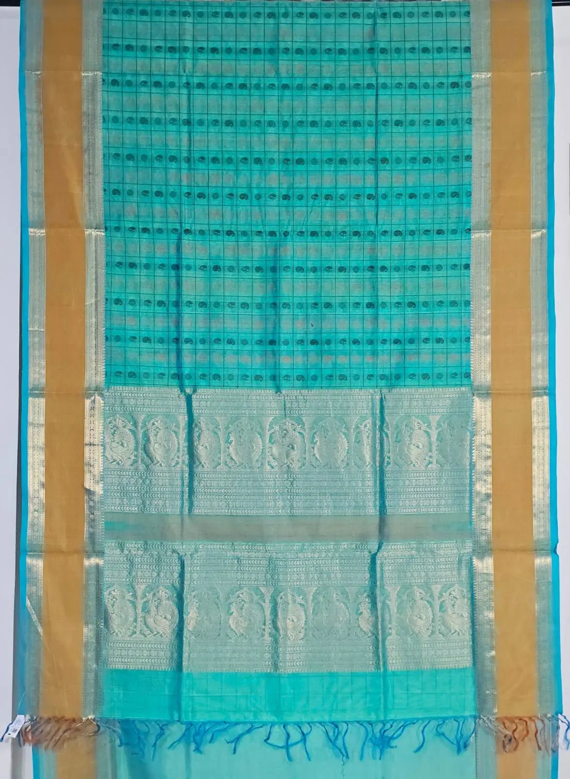 Sea Green Handloom Aayiram Butta Kanchi Silk Cotton Saree – Thousand Butta Peacock & Mango Motif Saree with Zari Rettaipet Border - Kleemkaara