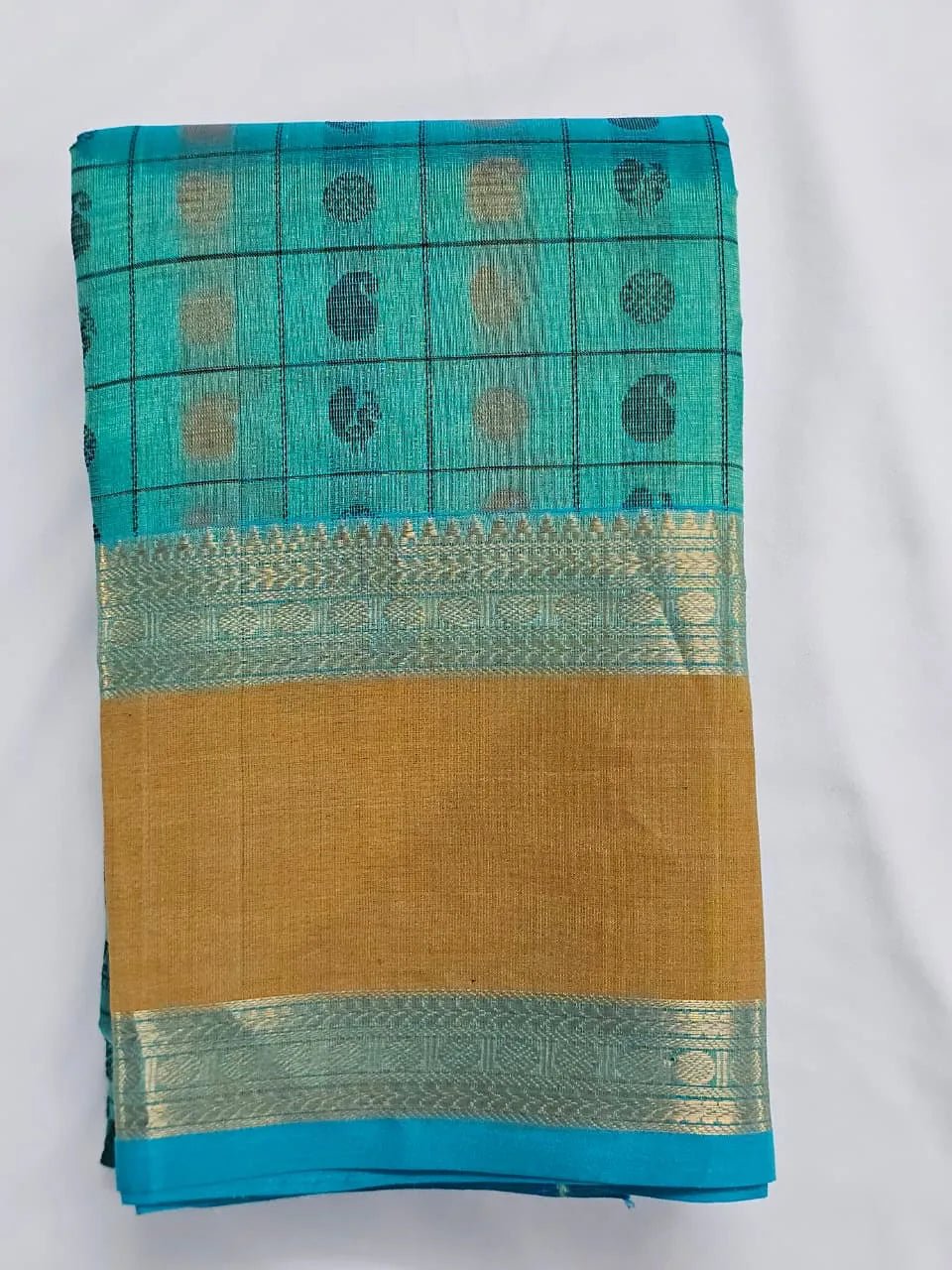 Sea Green Handloom Aayiram Butta Kanchi Silk Cotton Saree – Thousand Butta Peacock & Mango Motif Saree with Zari Rettaipet Border - Kleemkaara