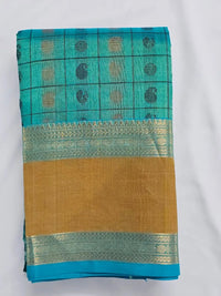 Sea Green Handloom Aayiram Butta Kanchi Silk Cotton Saree – Thousand Butta Peacock & Mango Motif Saree with Zari Rettaipet Border - Kleemkaara