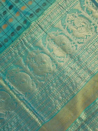Sea Green Handloom Aayiram Butta Kanchi Silk Cotton Saree – Thousand Butta Peacock & Mango Motif Saree with Zari Rettaipet Border - Kleemkaara