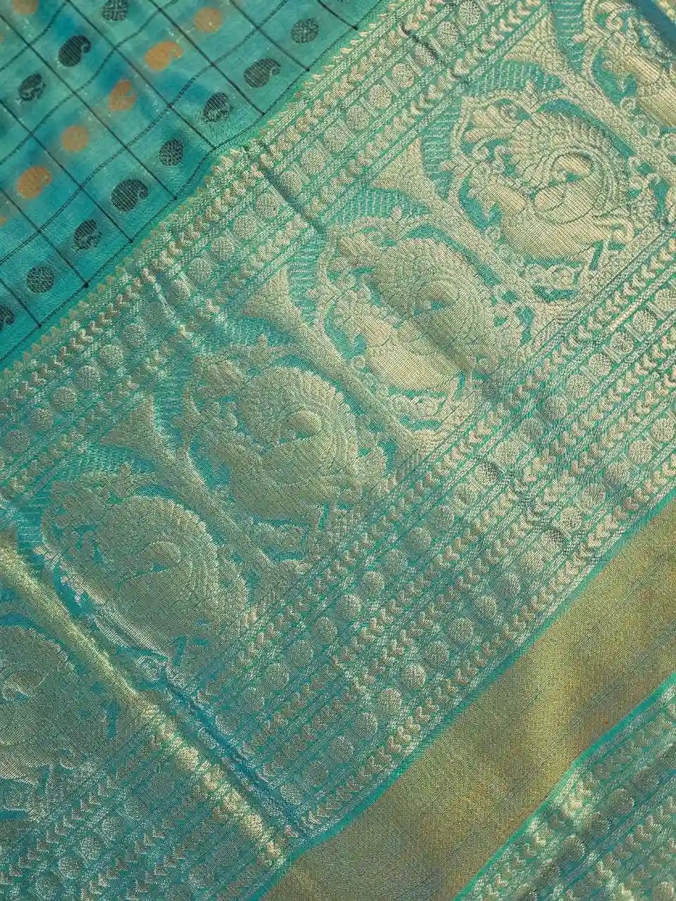 Sea Green Handloom Aayiram Butta Kanchi Silk Cotton Saree – Thousand Butta Peacock & Mango Motif Saree with Zari Rettaipet Border - Kleemkaara