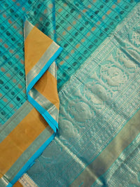 Sea Green Handloom Aayiram Butta Kanchi Silk Cotton Saree – Thousand Butta Peacock & Mango Motif Saree with Zari Rettaipet Border - Kleemkaara