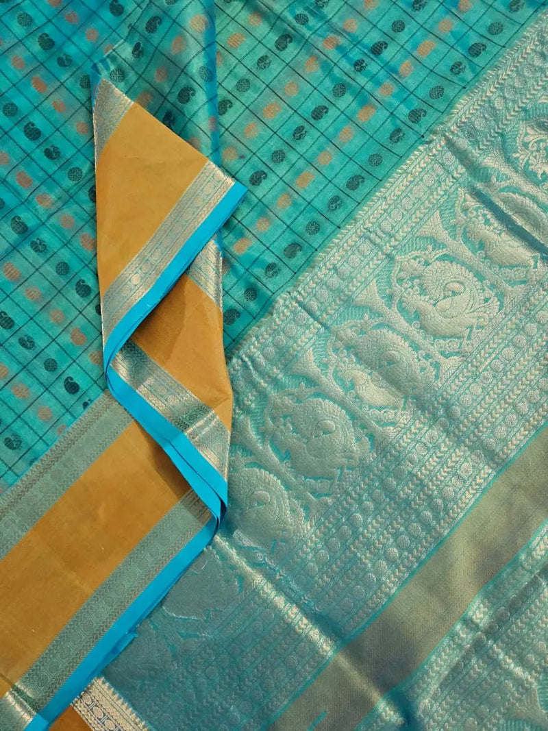 Sea Green Handloom Aayiram Butta Kanchi Silk Cotton Saree – Thousand Butta Peacock & Mango Motif Saree with Zari Rettaipet Border - Kleemkaara
