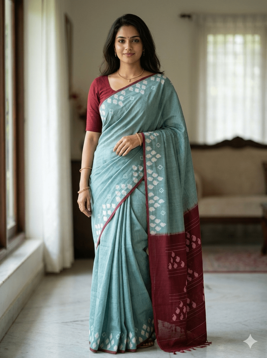 Sea Green Handloom Pochampally Ikkat Mercerized Cotton Saree - Kleemkaara