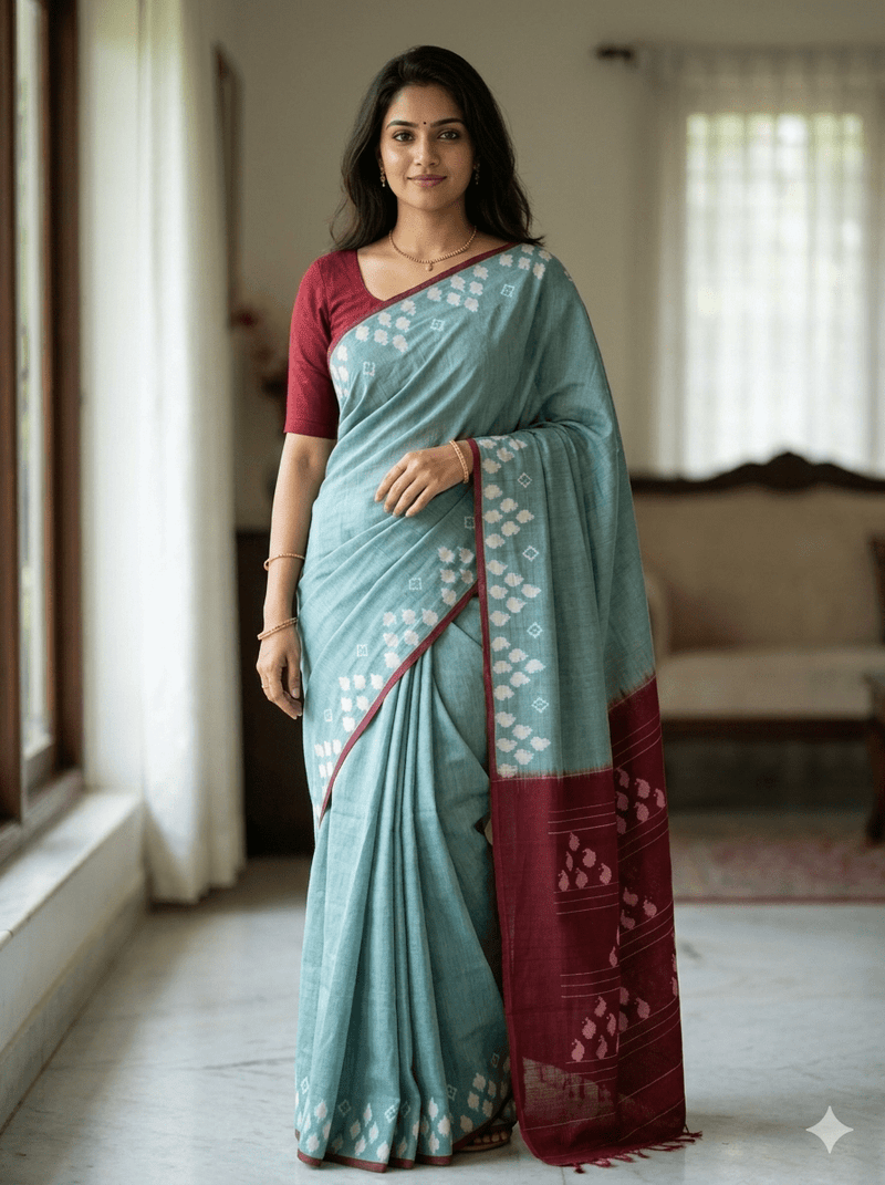 Sea Green Handloom Pochampally Ikkat Mercerized Cotton Saree - Kleemkaara