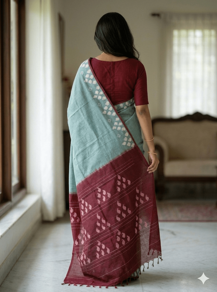 Sea Green Handloom Pochampally Ikkat Mercerized Cotton Saree - Kleemkaara