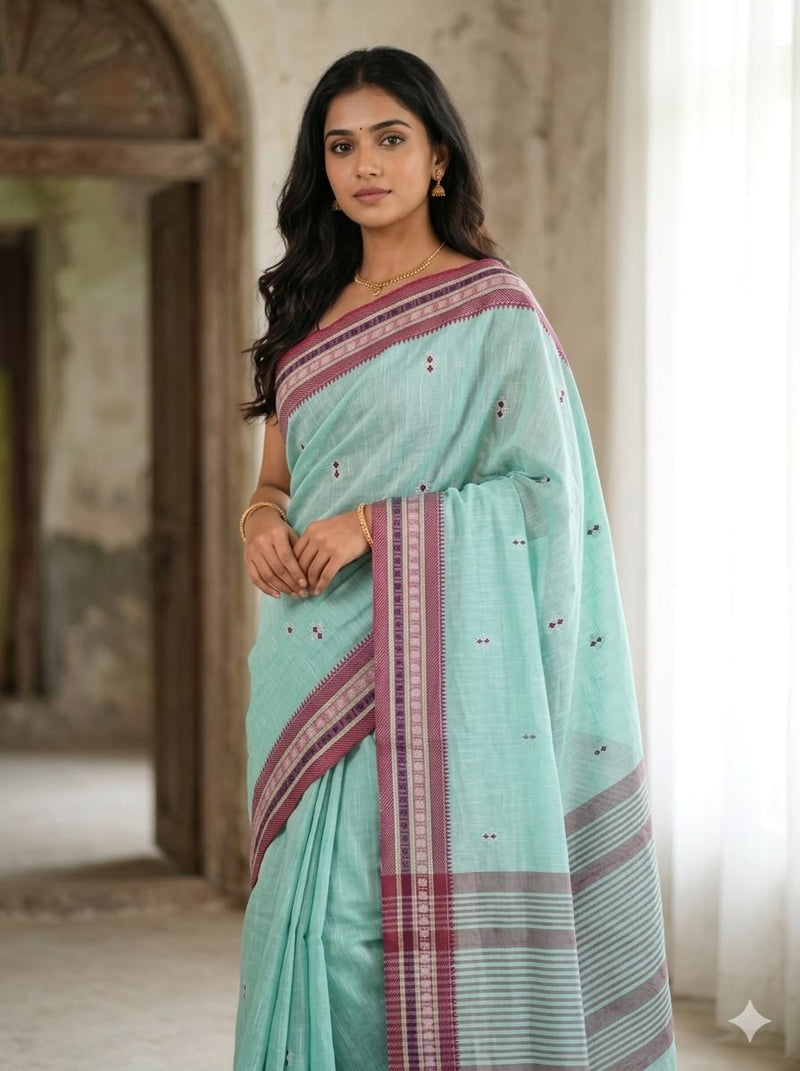 Sea Green Handloom Venkatagiri Cotton Saree with Embroidery Motifs - Kleemkaara