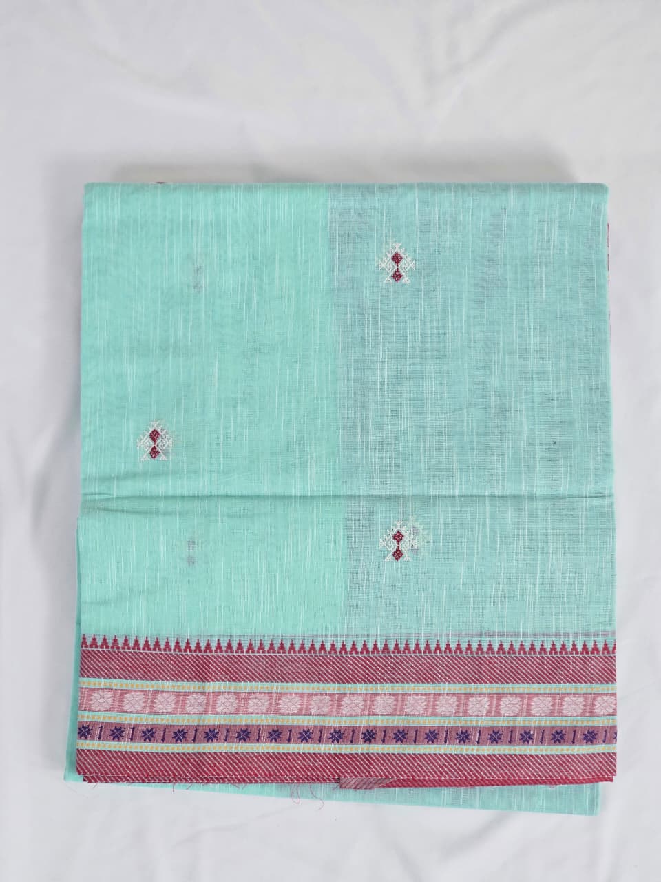 Sea Green Handloom Venkatagiri Cotton Saree with Embroidery Motifs - Kleemkaara