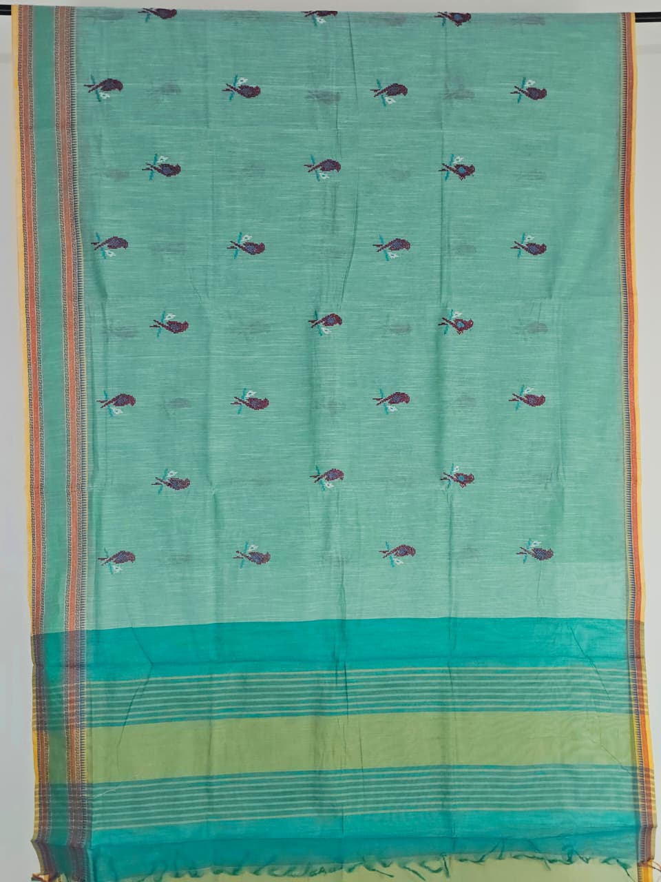 Sea Green Handloom Venkatagiri Cotton Saree with Parrot Embroidery - Kleemkaara