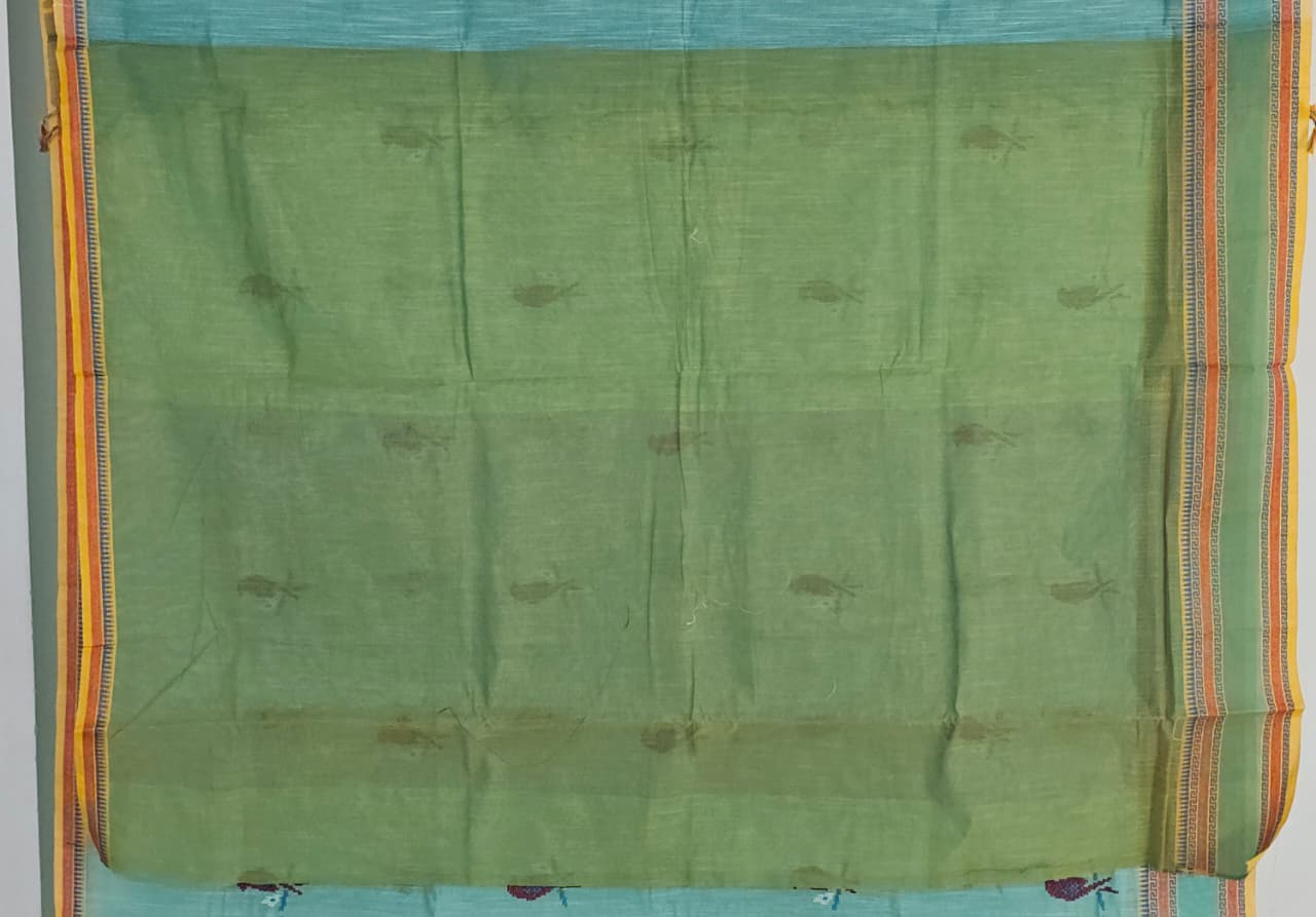 Sea Green Handloom Venkatagiri Cotton Saree with Parrot Embroidery - Kleemkaara