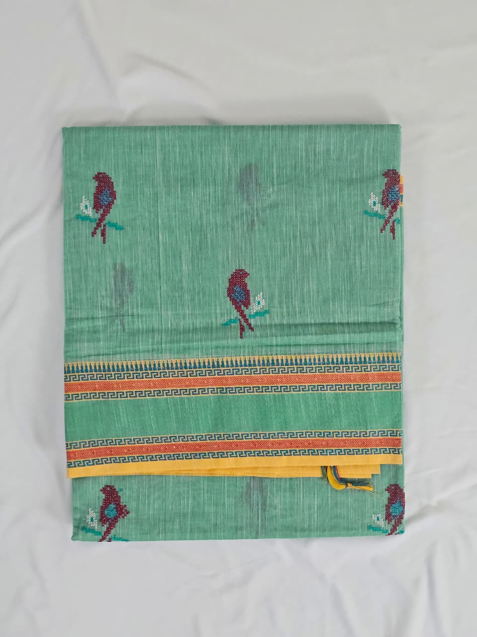 Sea Green Handloom Venkatagiri Cotton Saree with Parrot Embroidery - Kleemkaara