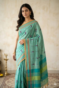 Sea Green Handloom Venkatagiri Cotton Saree with Parrot Embroidery - Kleemkaara