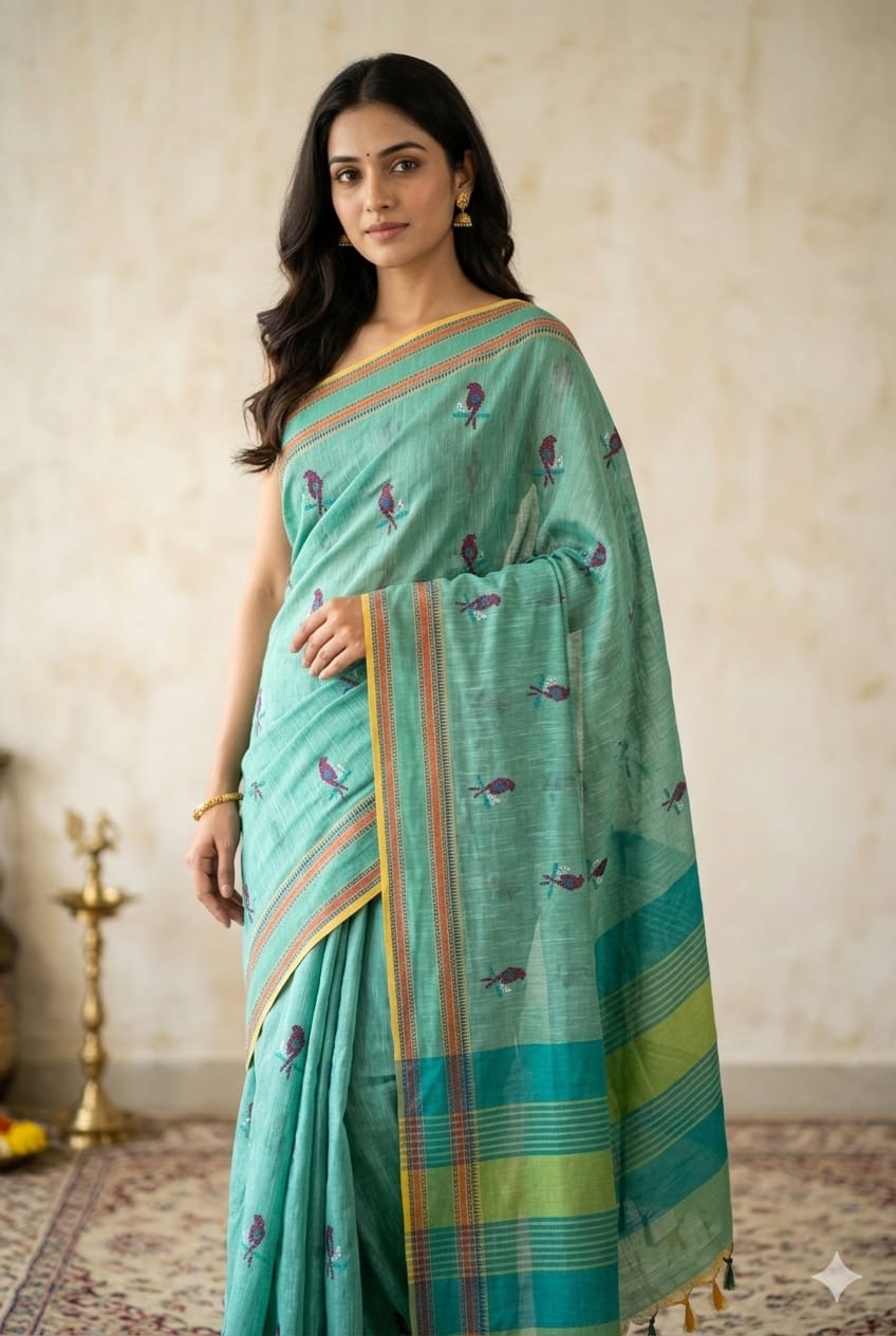Sea Green Handloom Venkatagiri Cotton Saree with Parrot Embroidery - Kleemkaara