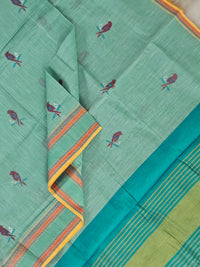 Sea Green Handloom Venkatagiri Cotton Saree with Parrot Embroidery - Kleemkaara