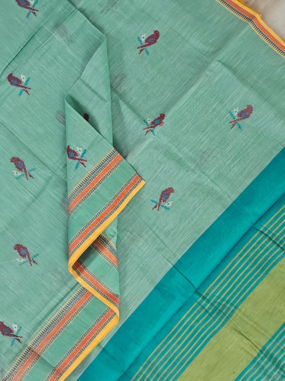 Sea Green Handloom Venkatagiri Cotton Saree with Parrot Embroidery - Kleemkaara