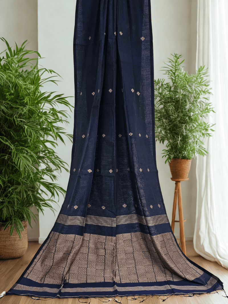 Shaambhavi – Navy Blue Handloom Khadi Saree with Beige Motifs - Kleemkaara