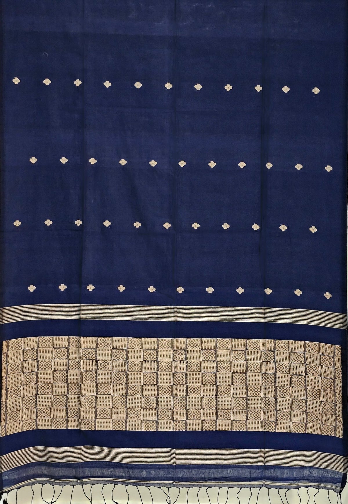 Shaambhavi – Navy Blue Handloom Khadi Saree with Beige Motifs - Kleemkaara