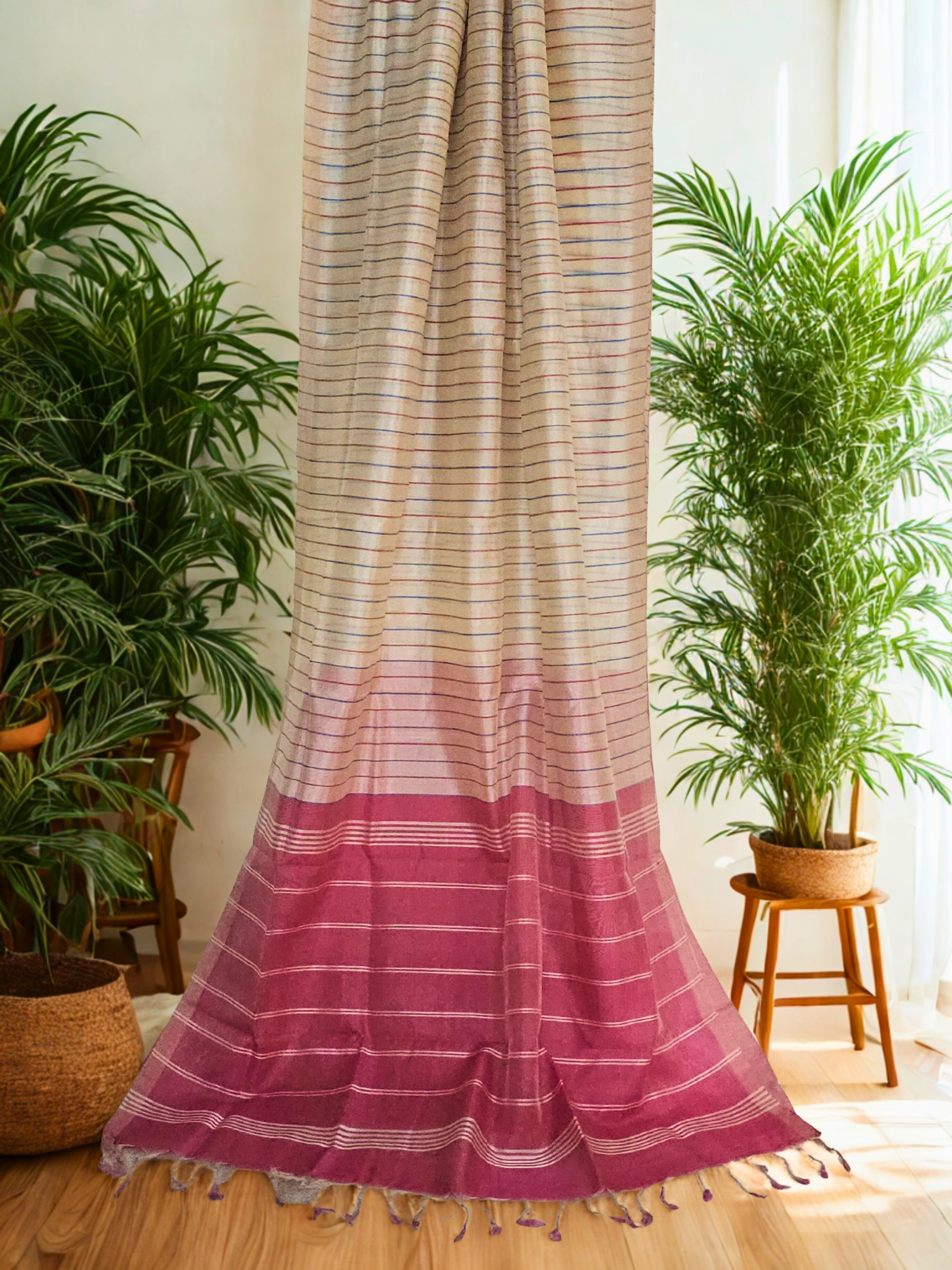 Shvetika – Off White Handloom Mangalagiri Silk Cotton Saree with Striped Border - Kleemkaara