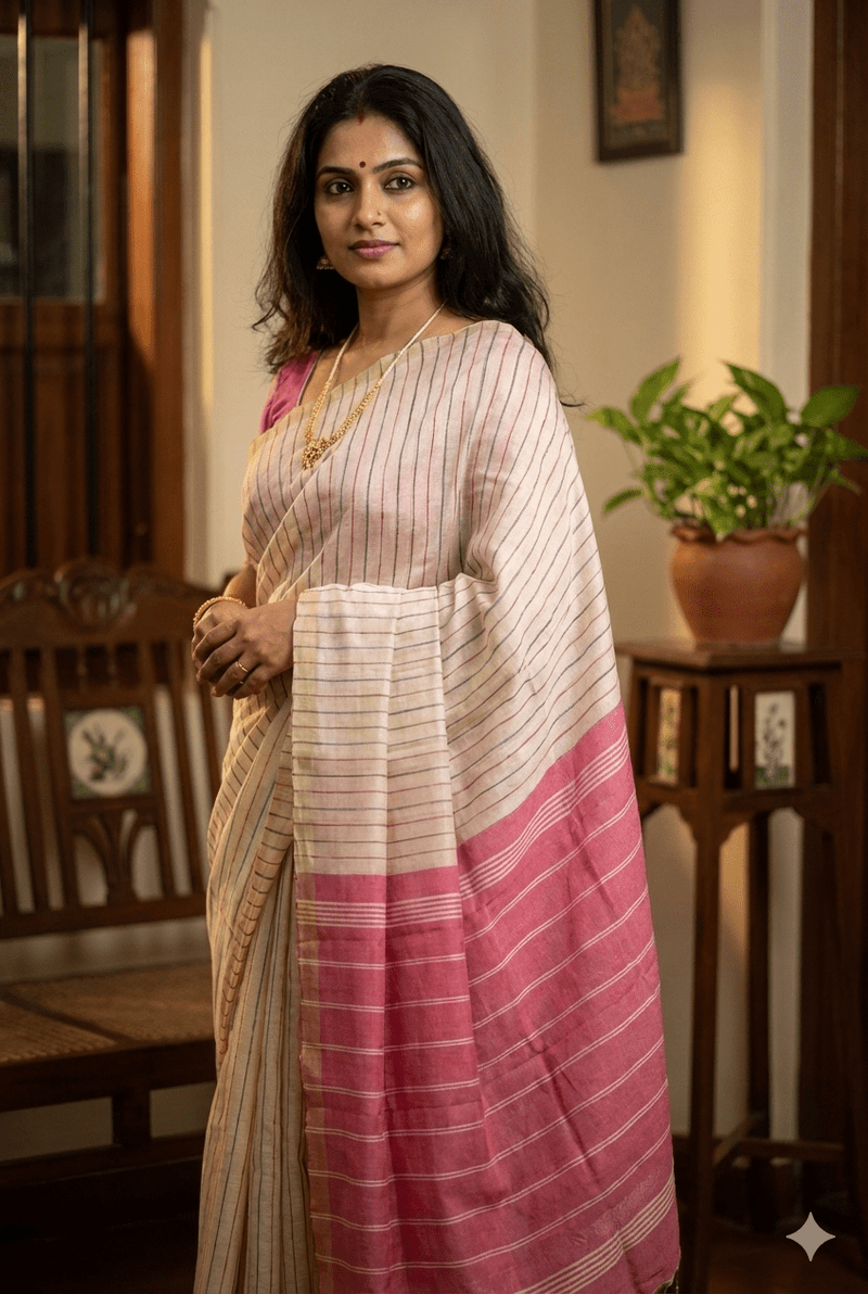 Shvetika – Off White Handloom Mangalagiri Silk Cotton Saree with Striped Border - Kleemkaara