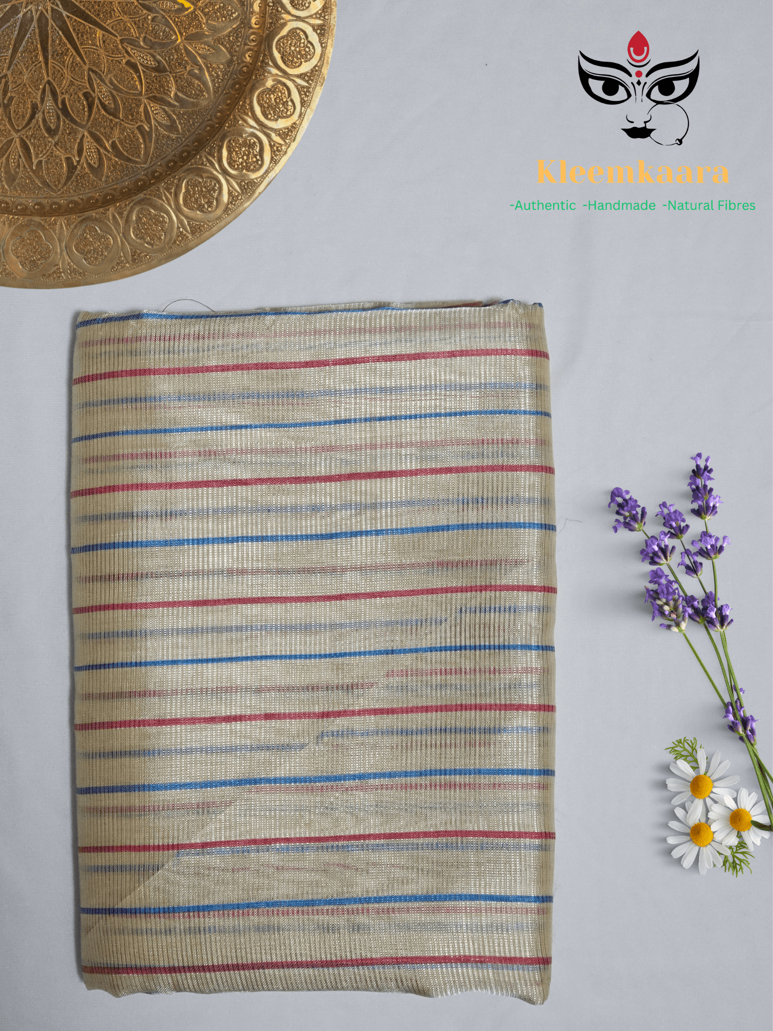 Shvetika – Off White Handloom Mangalagiri Silk Cotton Saree with Striped Border - Kleemkaara