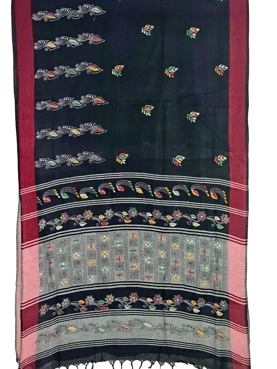 Shyamika – Black Kantha Hand Embroidered Cotton Saree with Crimson Border - Kleemkaara