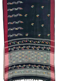 Shyamika – Black Kantha Hand Embroidered Cotton Saree with Crimson Border - Kleemkaara