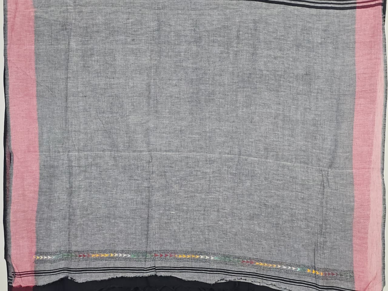 Shyamika – Black Kantha Hand Embroidered Cotton Saree with Crimson Border - Kleemkaara