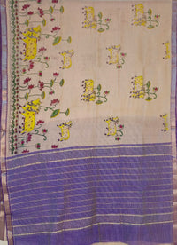 Surabhi – Off White Handloom Mangalagiri Silk Cotton Saree with Pichwai Art Print - Kleemkaara