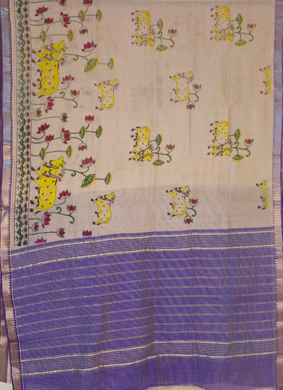 Surabhi – Off White Handloom Mangalagiri Silk Cotton Saree with Pichwai Art Print - Kleemkaara
