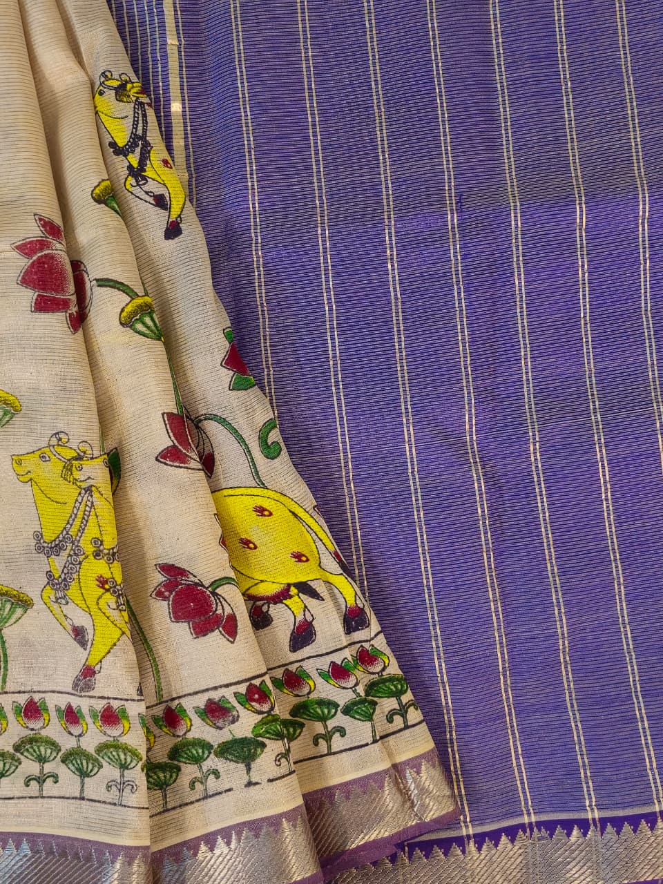 Surabhi – Off White Handloom Mangalagiri Silk Cotton Saree with Pichwai Art Print - Kleemkaara
