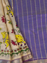 Surabhi – Off White Handloom Mangalagiri Silk Cotton Saree with Pichwai Art Print - Kleemkaara